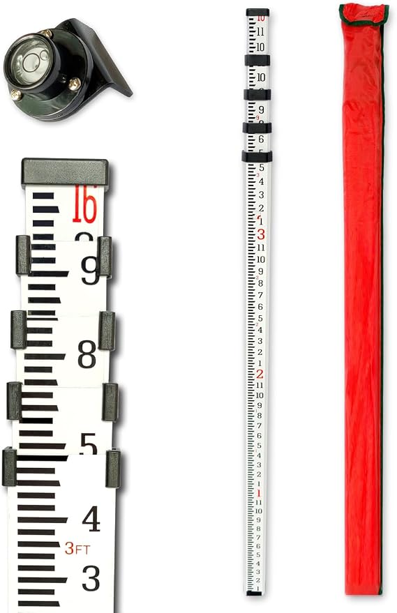 Grade Rod,16-Foot Aluminum Grade Rod - 10ths,Grade Stick,Grade Stick for Laser Level,Survey Rod,Grade Rods,Survey Pole,With Bubble Level, 5-Stage Telescopic,Double-Sided Scale Telescopic Leveling Rod