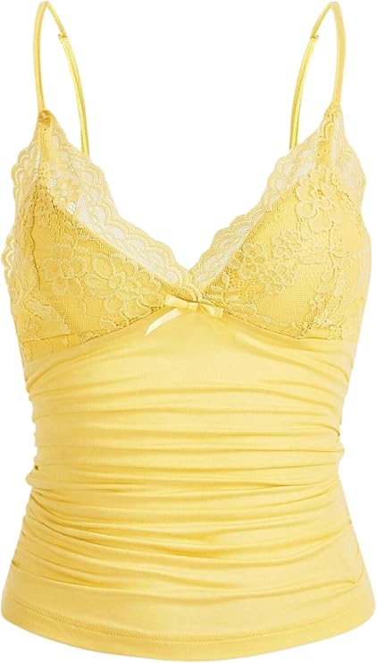 Naileksi Women Y2k Lace Trim Cami Top Spaghetti Strap Fairy Grunge Tank Top V Neck Ruched Bow Lace Patchwork Cami Shirt