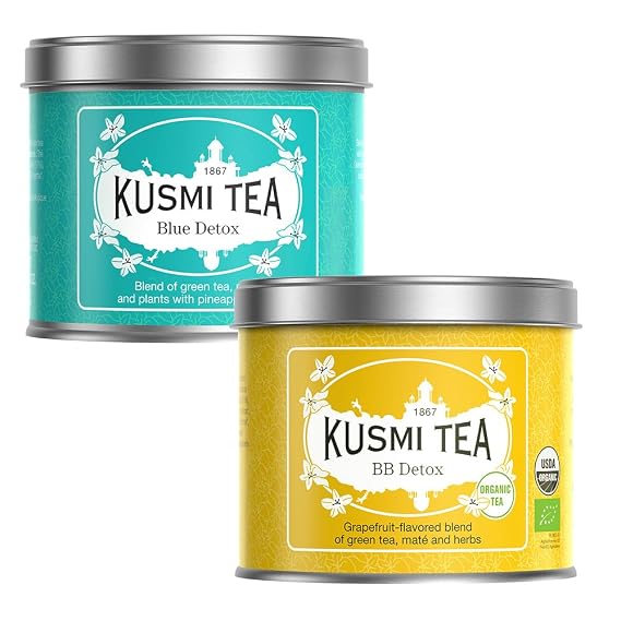 Kusmi Tea - BB Detox + Blue Detox - Iconic Detox Tea - Organic Tea - Blend of Green Tea, Mate & Fruits - Organic Flavored Yerba Mate Tea - Loose Leaf Tea - 2 Tin Boxes of 3.5 oz