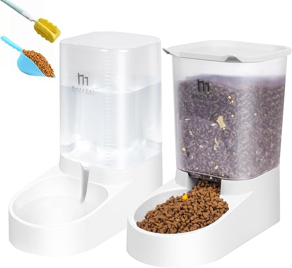 Marchul Automatic Feeder & Water Feeder Set for Cats & Dogs, 1.2 gal 3.8 L Gravity Feeder, Clear, Large Capacity, No Power Supply, Easy to Clean, For Pets When You Are Staying Away, 2 in 1 Feeder