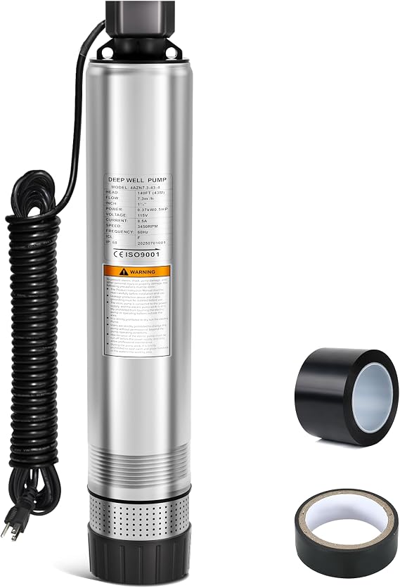 Azzuno Septic Tank Pump 4" Submersible Water Pump,1/2 HP 115V 60Hz Stainless Steel Bottom Suction Deep Well Pump,26GPM 140FT Head,33FT UL Cord,for Septic Water,Basement Drainage & Lawn Irrigation