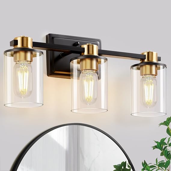 Bathroom Light Fixtures, Vanity Lights with 3 E26 Sockets, Brushed Gold&Black Bathroom Lighting Fixtures over Mirror, Vanity Lights for Mirror with Glass Shades for Bedroom Living Room Washroom Light