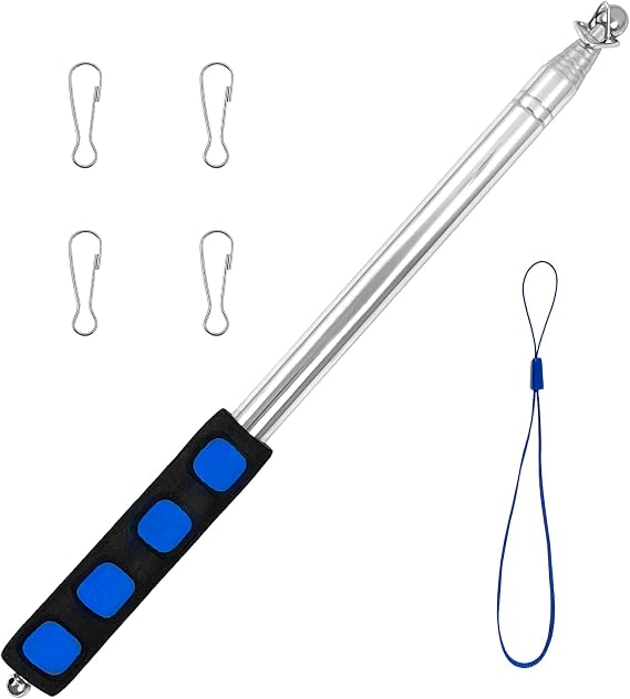 8.2ft Telescopic Handheld Flagpole, Stainless Steel Flag Stick (Blue) | Portable Guide Flag Pole, Retractable Teaching Pointer, Extendable Flag Pole with Anti-Slip Grip Lanyard 4 Clips for Tourist