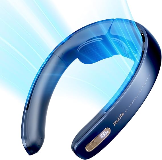 JISULIFE Portable Neck Fan Pro, 100 Speeds Bladeless, Stepless Knob, LED Display, 5000mAh Rechargeable Personal Fan, Mini Hands Free, USB Battery Operated Wearable-Blue