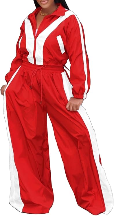 Ecirod Womens Color Block Sweatsuit Set 2 Piece Outfits Zip Up Sweatshirt High Waisted Wide Leg Pants with Pockets