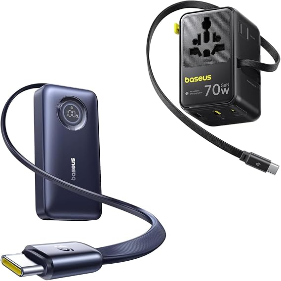 Baseus Enercore 10000mAh Power Bank Built-in 45W Retractable USB-C Cable and Baseus Universal Travel Adapter 70W