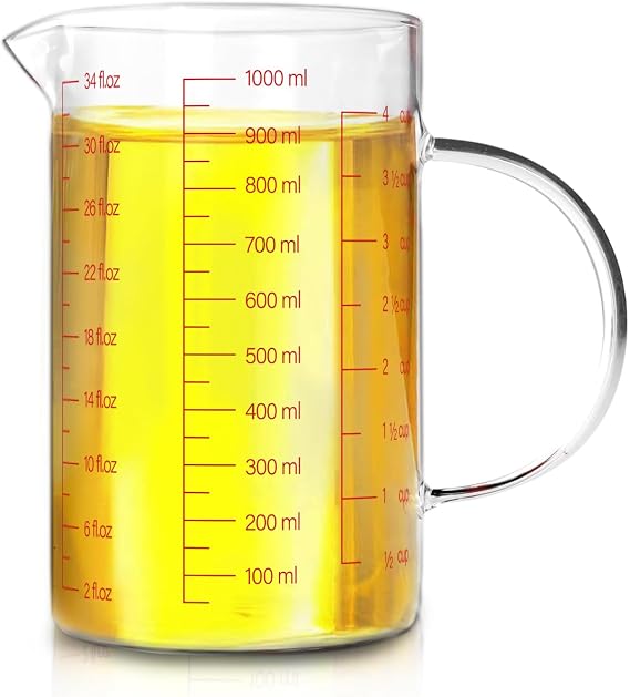 WhiteRhino Glass Measuring Cup,34oz/4Cup/1000ml Liquid Measuring Cups, Measuring Cup With Handle and V-Shaped Spout, Glass Beaker with Three Scales (OZ, Cup, ML), Dishwasher/Freezer/Microwave Safe