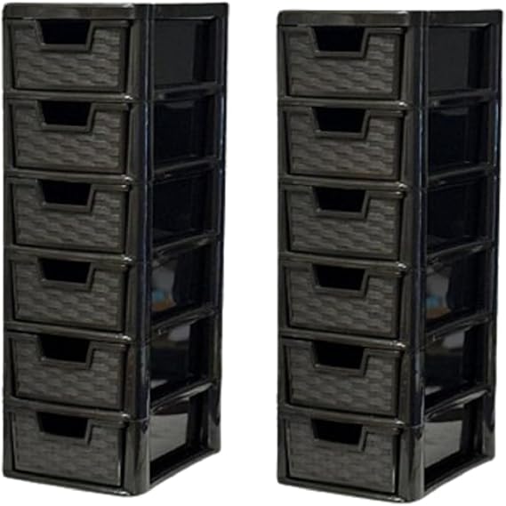 Storage Drawer Unit 6 Tier-2 Pack | S/Mini Rattan Black Plastic Chest Tower Cabinet Trolley |Tabletop Desktop Organizer Crafts Files Home Kids Bedroom Kitchen Office School | 26Dx19Wx60H cm