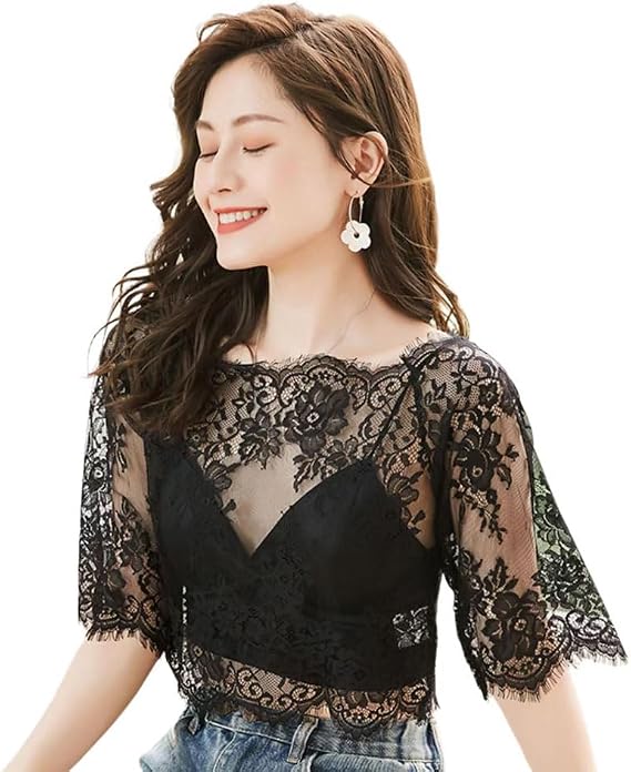 Women's Half Sleeved Lace Sheer Mesh Top Sexy Lace Base Shirt Vest