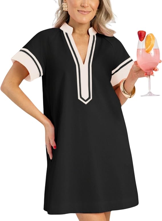 QIBABU Linen Dress for Women V Neck Color Block Summer Short Sleeve A-Line Mini Dress with Pockets