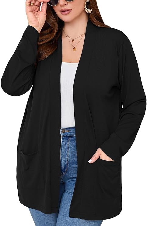 AusLook Plus Size Lightweight Cardigans for Women Open Front Pockets Jacket