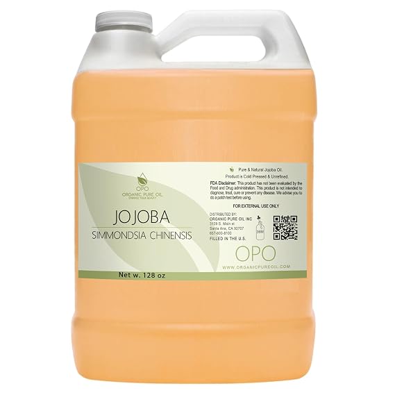 Golden Jojoba Oil - Pure Cold Pressed, Non-GMO, Bulk 128 oz - 1 Gallon Hohoba Carrier Oil for DIY, Formulations, Essential Oils, Cleansing, Moisturizer for Face, Hair, Body, by Organic Pure Oil