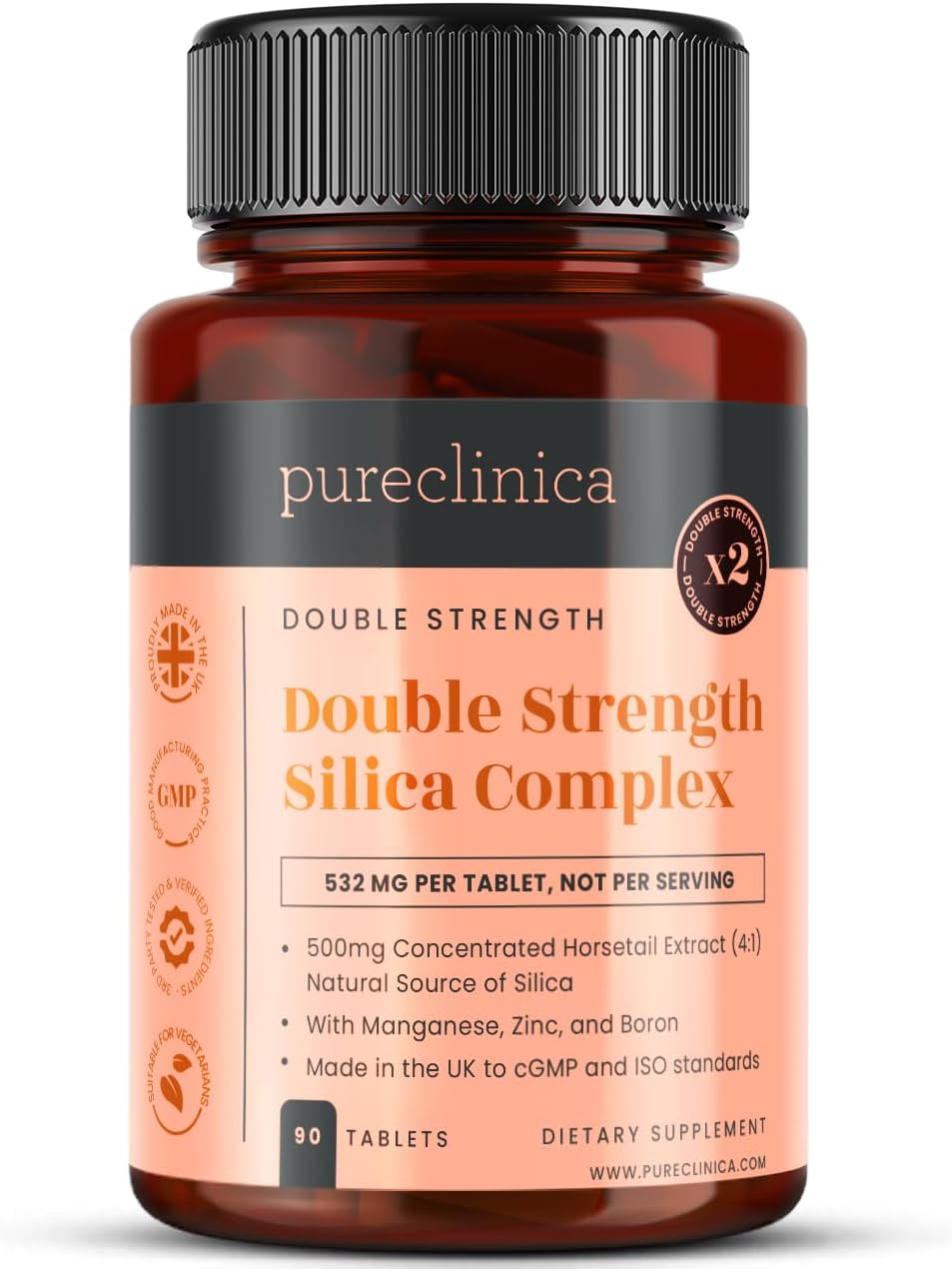 Double Strength Silica Complex – 500mg Horsetail Extract 2000mg Equivalent wZinc, Manganese & Boron | 90 Tablets – 3-Month Supply | High Strength Hair, Skin, Nails & Joint Support