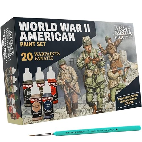 The Army Painter Historical: WWII American Paint Set Combo, 20 x 18 ml Warpaints Fanatic: 14 Acrylic, 4 Washes, 1 Effect, 1 Metallic & 1 Brush - Miniature Paint for U.S. Armed Forces in World War II
