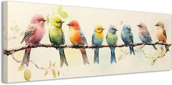 CCWACPP Canvas Wall Art Birds on Tree Branches Painting Art Framed Pictures Colorful Bird Flower Prints for Kitchen Bedroom Home Decor (8"x24")
