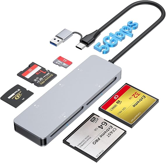 CFast Card Reader, USB 3.0 USB C CFast 2.0 Card Reader - 5 in 1 5Gbps Aluminum CFast Memory Card Adapter for Lexar, Transcend, Sony Card, Read 5 Cards Simultaneously for CFast/CF/SD/TF/XD Card