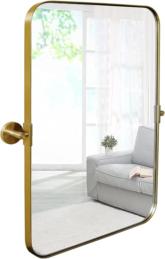 Hamilton Hills 16x24 inch Brushed Gold Metal Framed Mirror - Pivot Mirrors for Bathrooms - Rounded Corner Rectangular Frame with Tilt Mirror Brackets - Adjustable and Tilting Farmhouse Wall Vanity