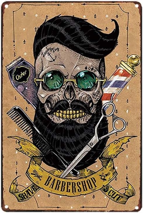 Cool Beard Skull Barber Shop Theme Metal Sign for Salon & Barbershop Decor 12" x 8"