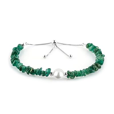 CRYSTALIS Natural Green-Jade Beads Slider Bolo Bracelet with Elegant Pearl, Uncut Chips Nuggets Crystals, Chakra Healing Gemstone, Women Jewelry, 925 Sterling Silver Slider 10 inch
