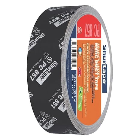 Shurtape PC 857 UL 181B-FX Listed/Printed Cloth Waterproof HVAC Duct Tape, Use to Seal Seam and Join Class 1 Flex Duct, 48mm x 55 Meters, Black Printed, 1 Roll (201885)