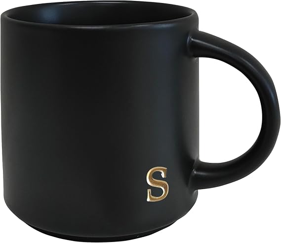 COLLECTIVE HOME Black Ceramic Coffee Mug, 15 oz Golden Monogram Tea Cup (s) | Personalized Halloween Mug with Gift Box, Dishwasher Safe, Birthday Present, Christmas Thanksgiving Mothers Day Gifts