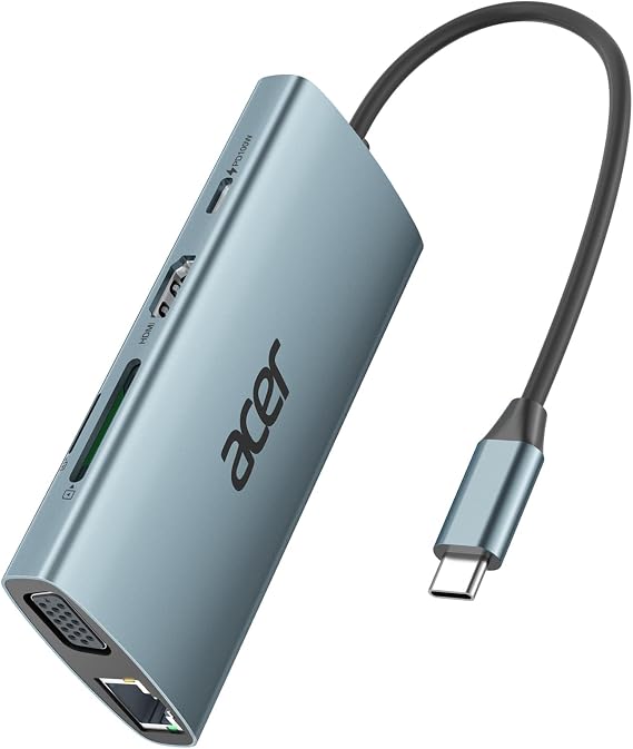 Acer USB C Hub with 4K HDMI, 9-in-1 Laptop Docking Station with 1080P VGA | USB C to Ethernet Adapter with 5Gbps 3USB-A Data Transfer, 100W Max PD Port, SD/TF Card Reader for MacBook, Acer, 0.65ft