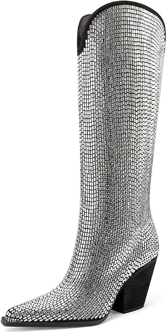 Mi.iM Women's Rhinestone Cowboy Boots Knee High Wide Calf Cowgirl Boots Western Pointed Toe Chunky Heel Sparkly Cowgirl Booties Pull On Cowboy Boots for Women
