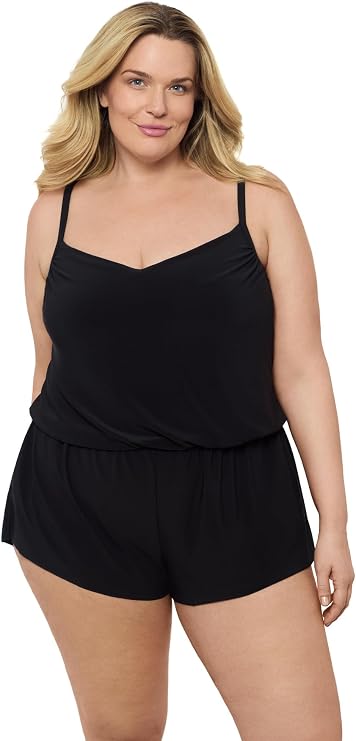 Aqua Green Women's V-Neck Blouson Slimming Swim Romper with Pocket