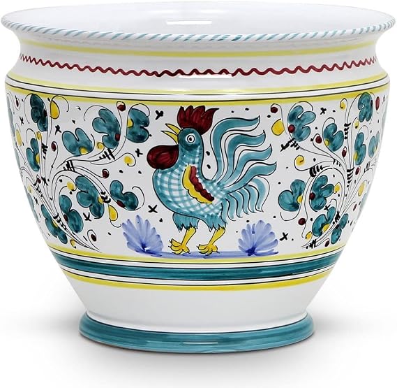 Orvieto Green Rooster - Luxury Cachepot Planter, Made in Italy.