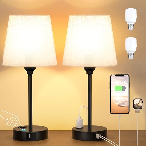 Mini Bedside Lamps for Bedrooms Set of 2 - Nightstand Bedroom Lamps with USB C Port and AC Outlet Charging, Dimmable Touch Small Bed Side Table Lamp,