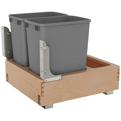 Rev-A-Shelf Wood Double Pullout Waste Container, Soft-Close, 32 qt, Silver