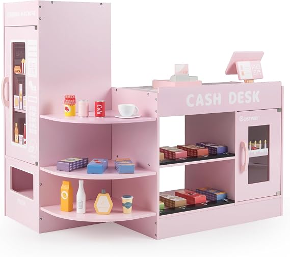COSTWAY Pretend Play Shop, Kids Supermarket Playset with Vending Machine, Scanner, 13 Food Toys, Wooden Role Play Grocery Store for Children Ages 3+ (Pink)