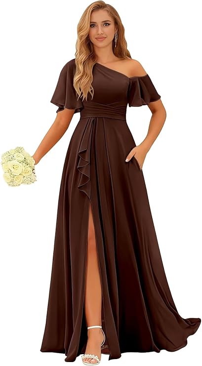 Long One Shoulder Bridesmaid Dresses with Slit for Women Short Sleeves Chiffon Formal Evening Gowns with Pockets