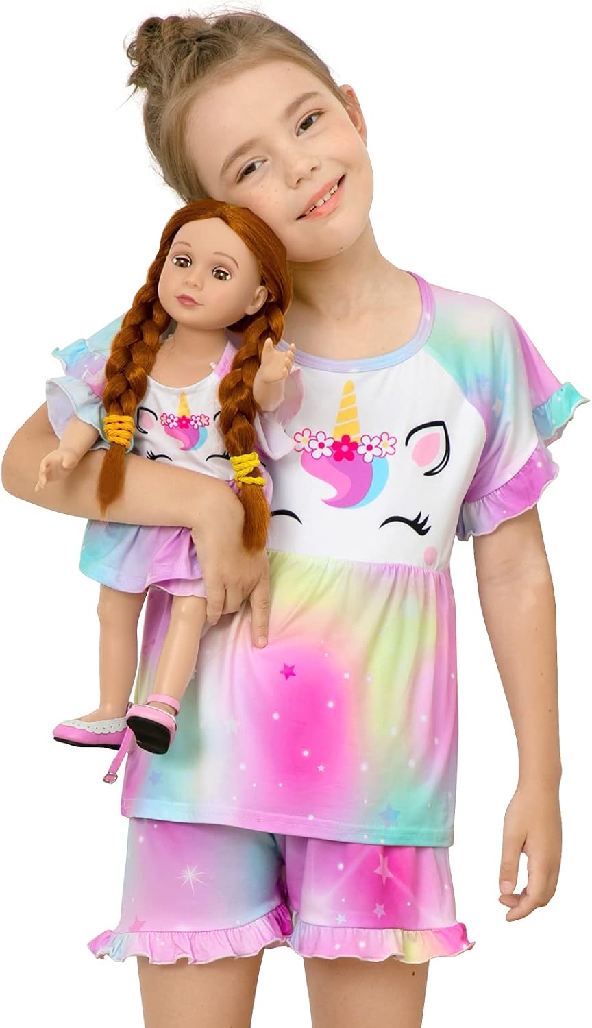 Girl & Doll Matching Pajamas Unicorn Outfit Clothes for Girls and 18 Dolls Pajama Sets Doll Not Included