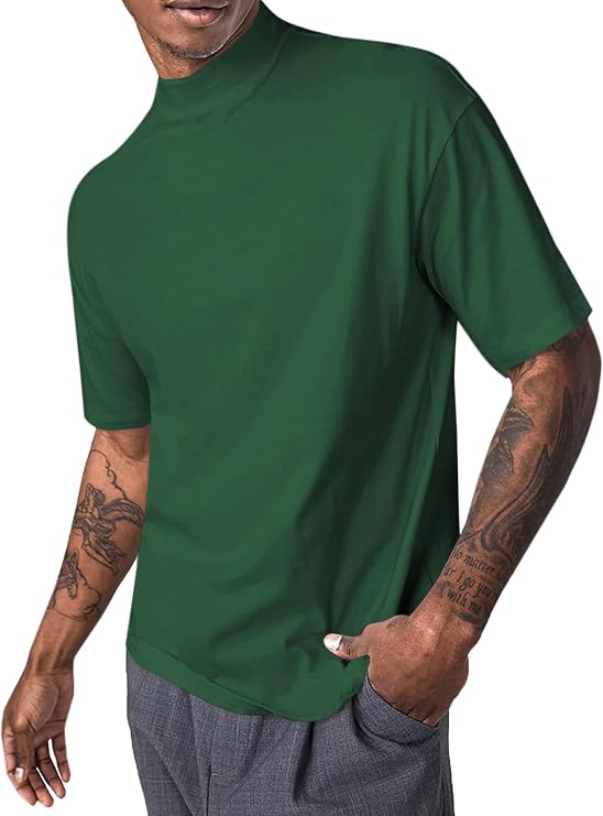 Mens Mock Turtleneck T Shirts Short Sleeve Cotton Basic Undershirt Relaxed Fit Lightweight Solid Pullover Tops
