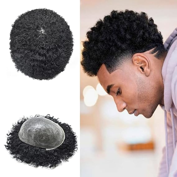 LYRICAL HAIR Afro Toupee For Black Men 6mm Afro Wavy Human Hair Replacement Systems Full Poly Thin Skin Pu Injection African American Men Kinky Curly Hair Unit (1# JET BLACK)