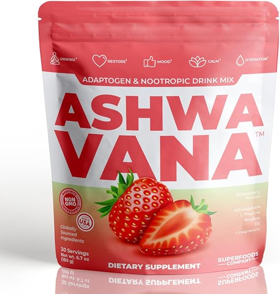 ASHWAVANA Zen Relax Drink Mix - Nootropic, Adaptogen-Infused Ashwagandha Beverage - Rhodiola, Magnesium, L-Theanine - Restore & Unwind - Alcohol Alternative - Strawberry Flavor - 30 Count (Pack of 1)