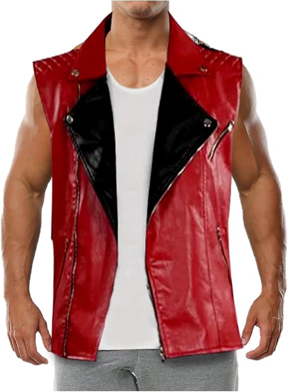 Mens Love Cosplay Leather Vest Studded Rock Punk Brando Style - Red Leather Vest Real/Faux
