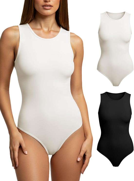 YOGINGO Women's 2 Piece Bodysuits Crew Neck Sleeveless Body Suits Racerback Halter Tank Top Going Out Leotards for Women
