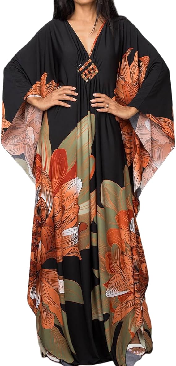 Bsubseach Women Ethnic Print Kaftan Beach Dress Plus Size Swimsuit Cover Up | Lightweight and Comfortable Swimwear, Batwing Sleeves Caftans, Loungerwear or Outdoor Walking