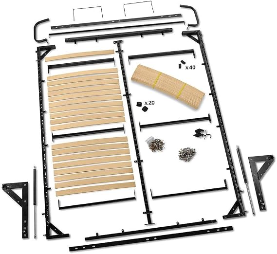 Piston Lift Mechanism Queen-Size Murphy Bed Hardware Kits - Vertical Mount Bed Frame Hardware Kit w/Cambered Wood Slats, Metal Legs & More - Fits Standard Mattresses up to 10 Thick | Murphy Bed Hardware Smooth Bed Operation Queen Hardware Kit Vertical Mount Complete Components