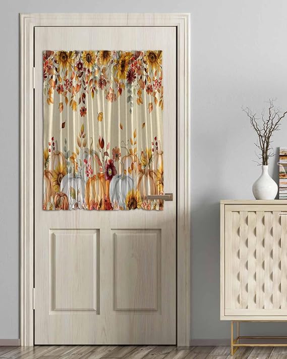 Orange Fall Black Out French Door Curtains for Door Window, Thanksgiving Pumpkins Sunflower Yellow Rod Pocket Drapery Curtain Panel with Tiebacks for Front Back Patio Doors, 54"x40"