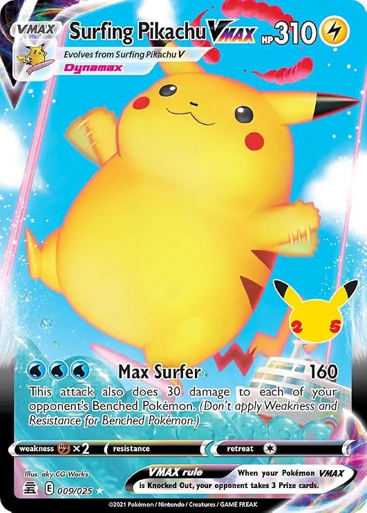 Surfing Pikachu VMAX - 009/025 Celebrations Card,25th Anniversary,Full Art Holo Rare