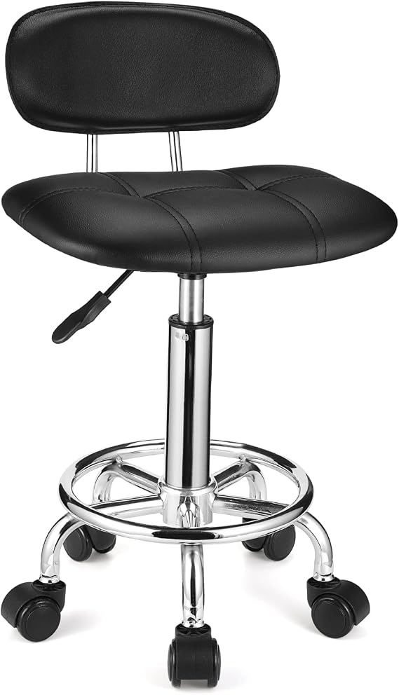 HMTOT Square Rolling Stools with Backrest Height Adjustable Swivel Stool with Wheels Black
