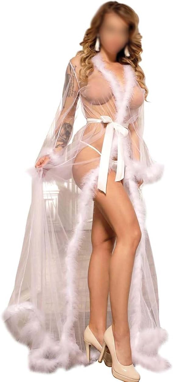 Women Plus Size Lingerie Robe Long Sheer Kimono Robe Lace with Feather Trim Nightwear Sexy Feather Robe Nightwear Long Lace Dress Kimono Night Robe Feather Trim Tulle Long,B,3XL [Energy Class A]