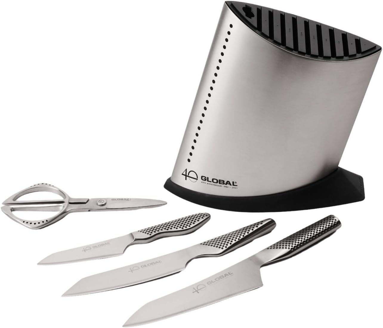 Global 40th Anniversary 5-Piece Knife Block Set, 6 inch Kiritsuke Utility, 7 inch Asian Chefs Knife, and 4 inch Paring, 8.25 inch Kitchen Shears, plus space for your existing Global collection