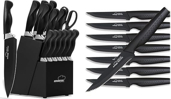 Amorston Knife Set for Kitchen 15 Pieces with Block Dishwasher Safe Steak Knives Set of 8, Elegant Black
