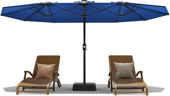 15FT Large Patio Umbrella with Base Included, Outdoor Double-Sided Rectangle Market Umbrella with Crank Handle for Pool, Lawn, Garden, Backyard, Navy Blue