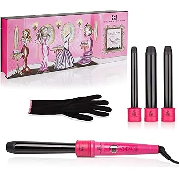 Brilliance New york Women's C4HP Digital Quad Barrel Curling Iron Diamond Dust Technology | Plus Free Heat Resistant Glove, Hot Pink
