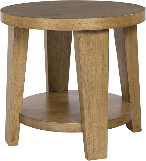Signature Design by Ashley Kristiland Round Wood End Table with Storage | 26-inch round side table with spacious lower shelf storage, Light brown wood grain color finish over thick chunky geometry